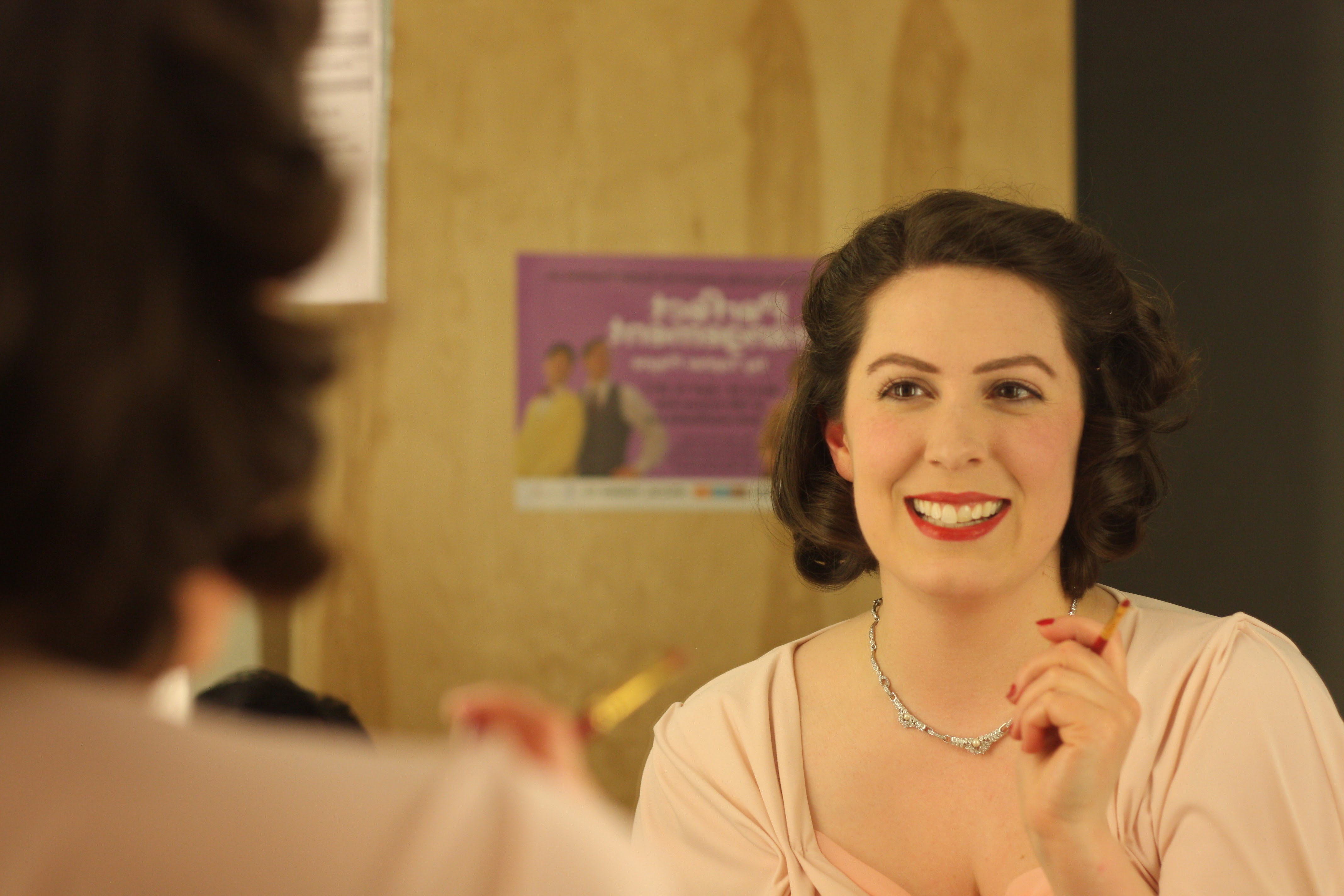 Image of actor Julia Beers backstage in Seattle.